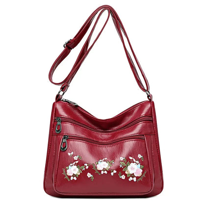 Flower Embroidery Crossbody Bag for Women – Luxury Multi-Pocket PU Leather Handbag