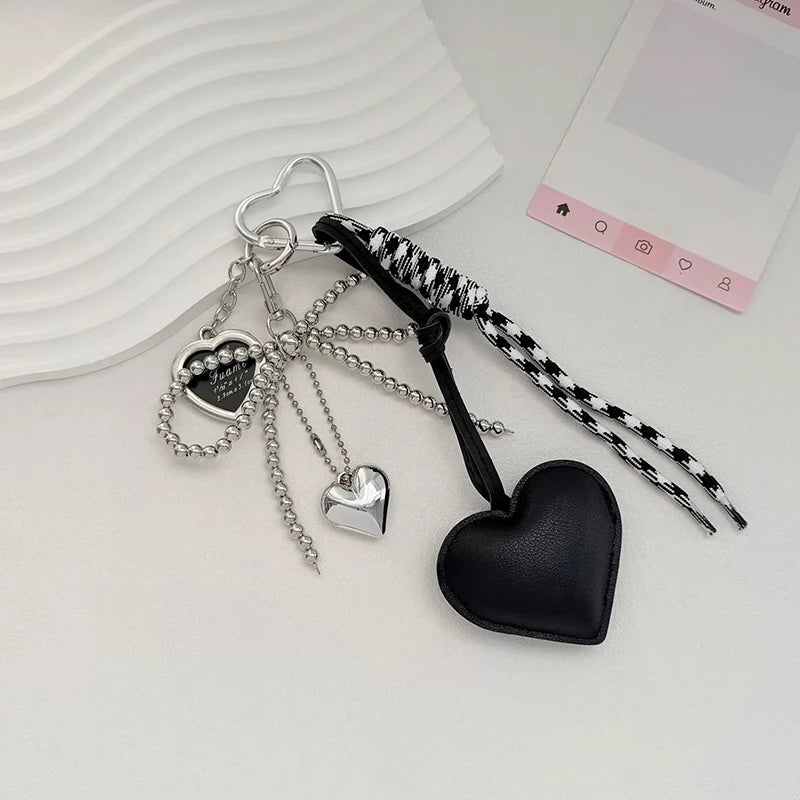 Heart Bow Keychain with Beaded Chain & Leather Pendant