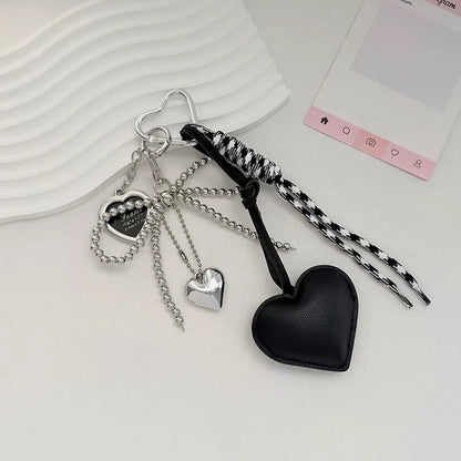 Heart Bow Keychain with Beaded Chain & Leather Pendant