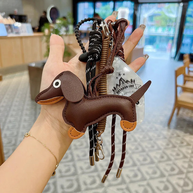 Dachshund PU Leather Keychain Bag Charm with Braided Tassel