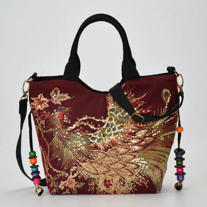 Peacock Embroidered Shoulder Bag for Women – Sequin Tote