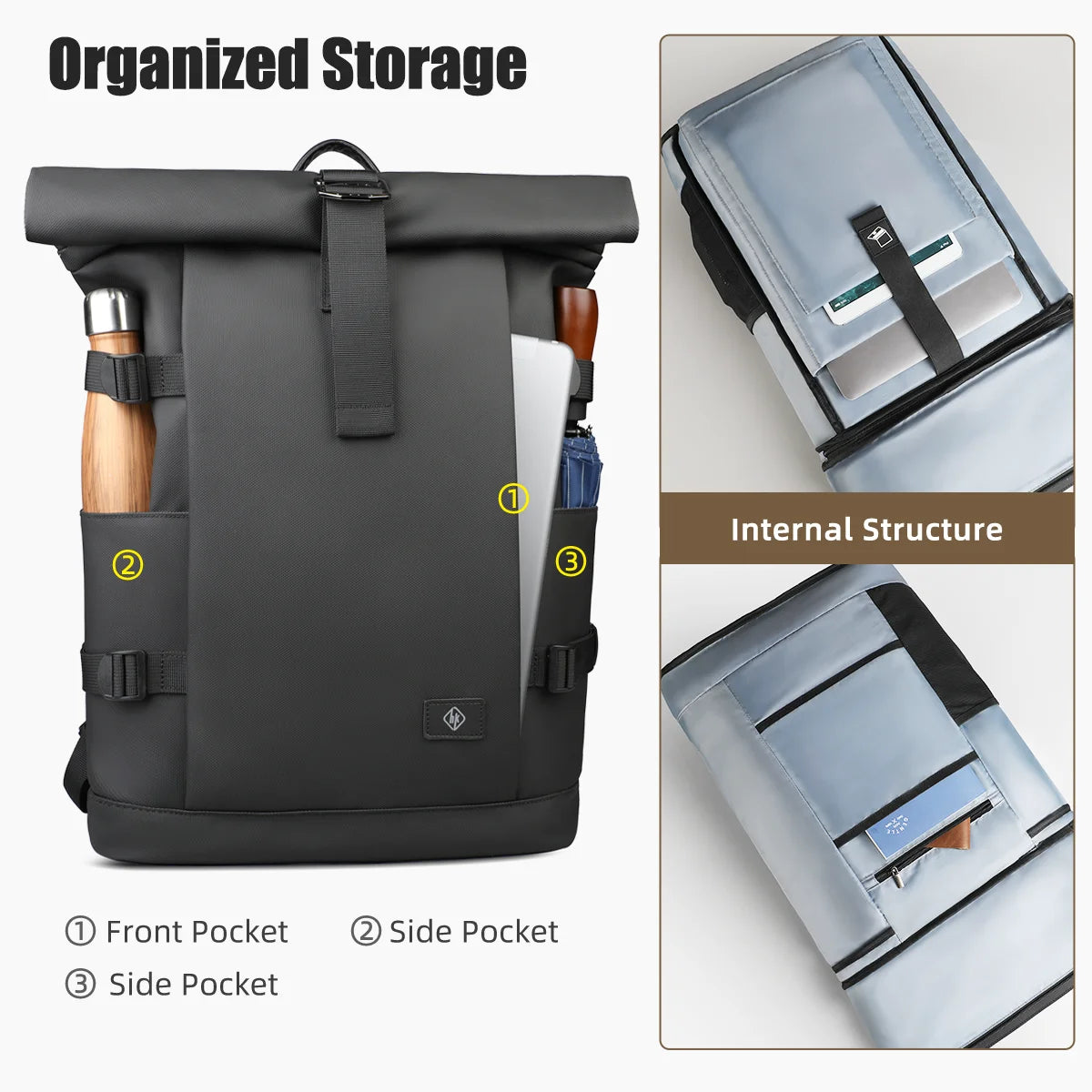 Roll-Top Travel Backpack – Expandable 15.6" Laptop Bag for Men