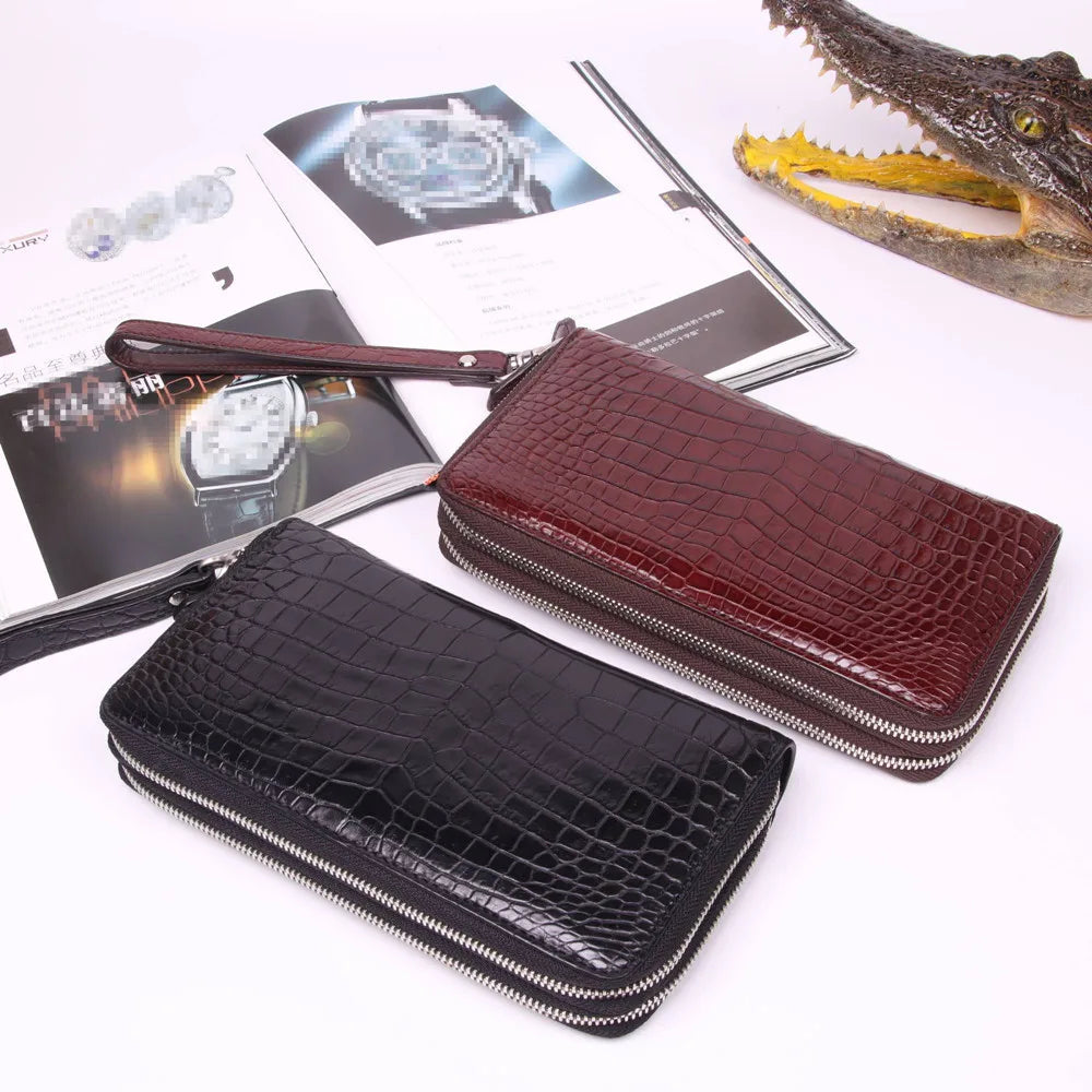 Crocodile Leather Wristlet Wallet – Unisex Long Zip Clutch with Card Slots