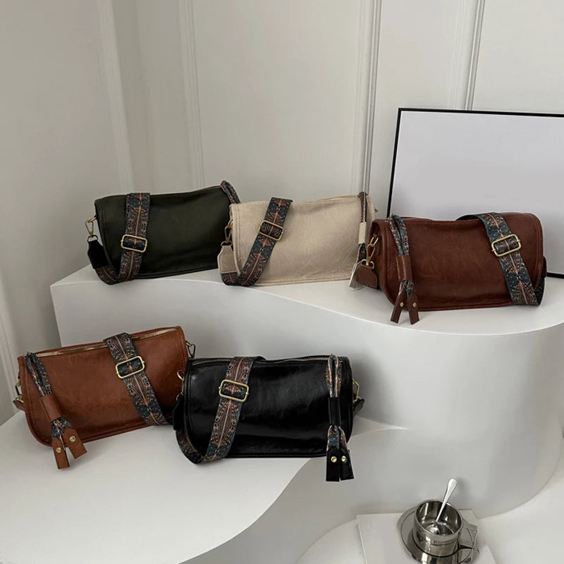 Vintage Leather Crossbody Bag – Pillow Style with Boho Printed Strap