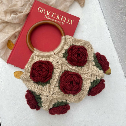 Original Design Women Shoulder Bag Yarn Crochet Handmade Flower Casual Tote Lady Shopping Handbag