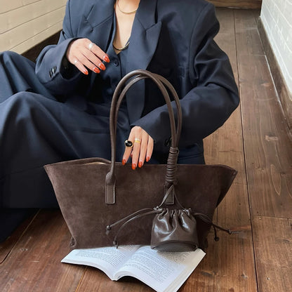 Vintage Large Capacity Suede Tote Bag Designer Trapeze Shoulder Bags Women Luxury Genuine Leather