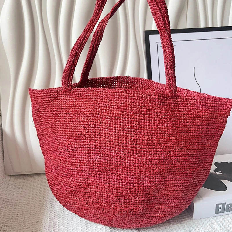 Raffia Crochet Tote Bag – Bohemian Woven Beach Shoulder Bag