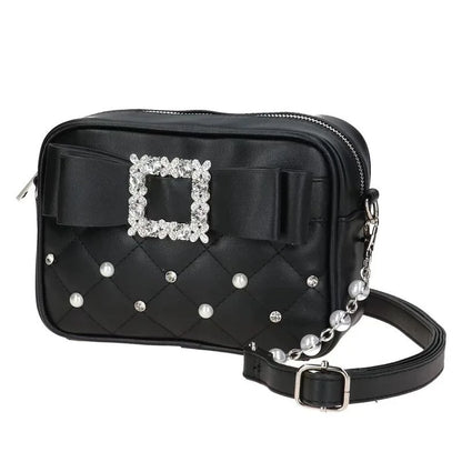 Diamond Bow Quilted Crossbody Bag – Women's Pearl Embellished Purse