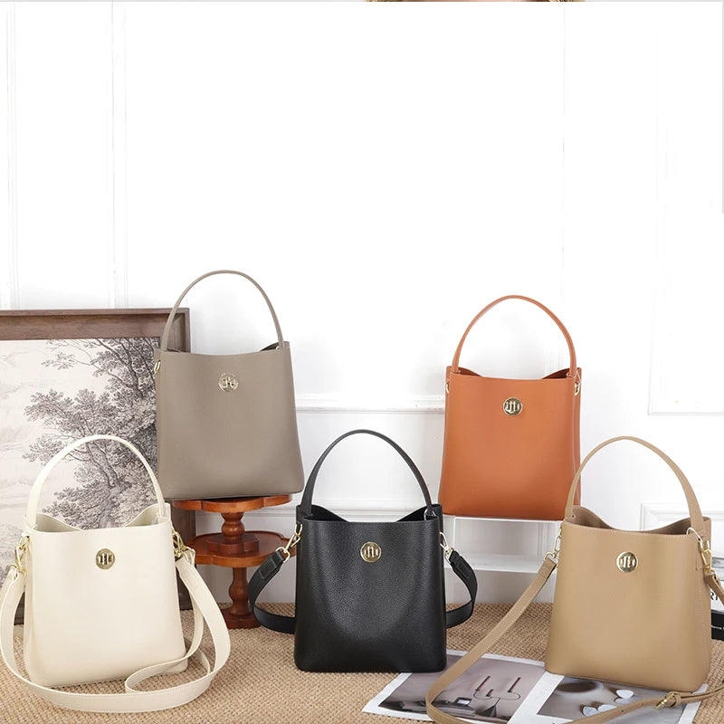 Genuine Leather Bucket Bag – Women's Top Grain Cowhide Tote