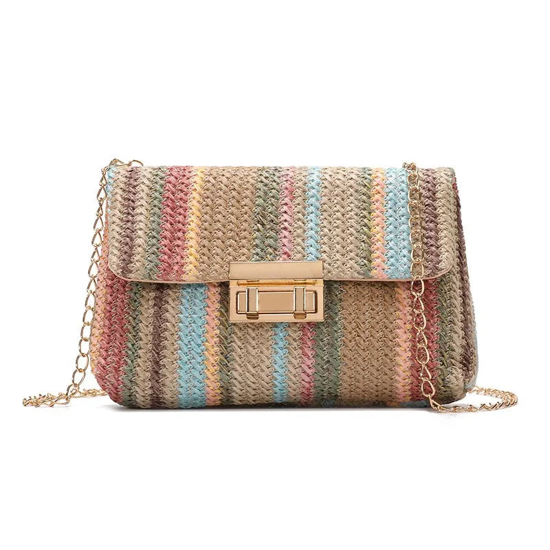 Rainbow Stripe Straw Crossbody Bag for Women – Chain Flap Handbag