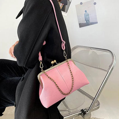 Vintage Kiss-Lock Chain Crossbody Bag for Women – Lychee Leather
