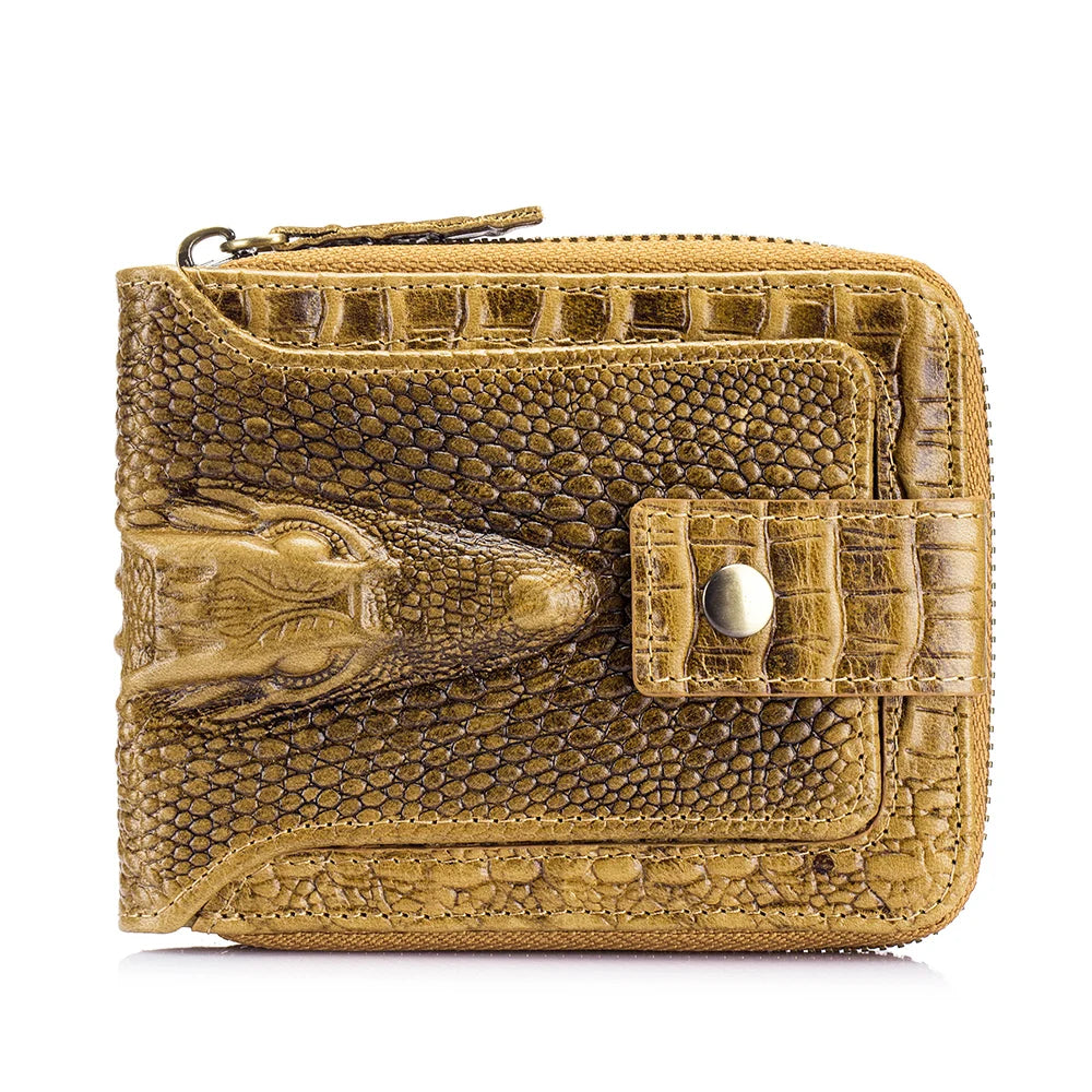 Men's Leather Wallet – Crocodile Pattern Zip-Around with Card Slots