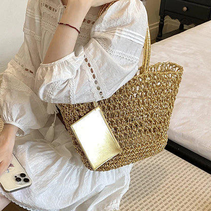 Gold Woven Tote Bag - Large Capacity Hollow Shoulder Bag for Women