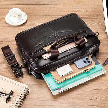 Genuine Leather Briefcase for Men – 14" Laptop Bag, Large Capacity
