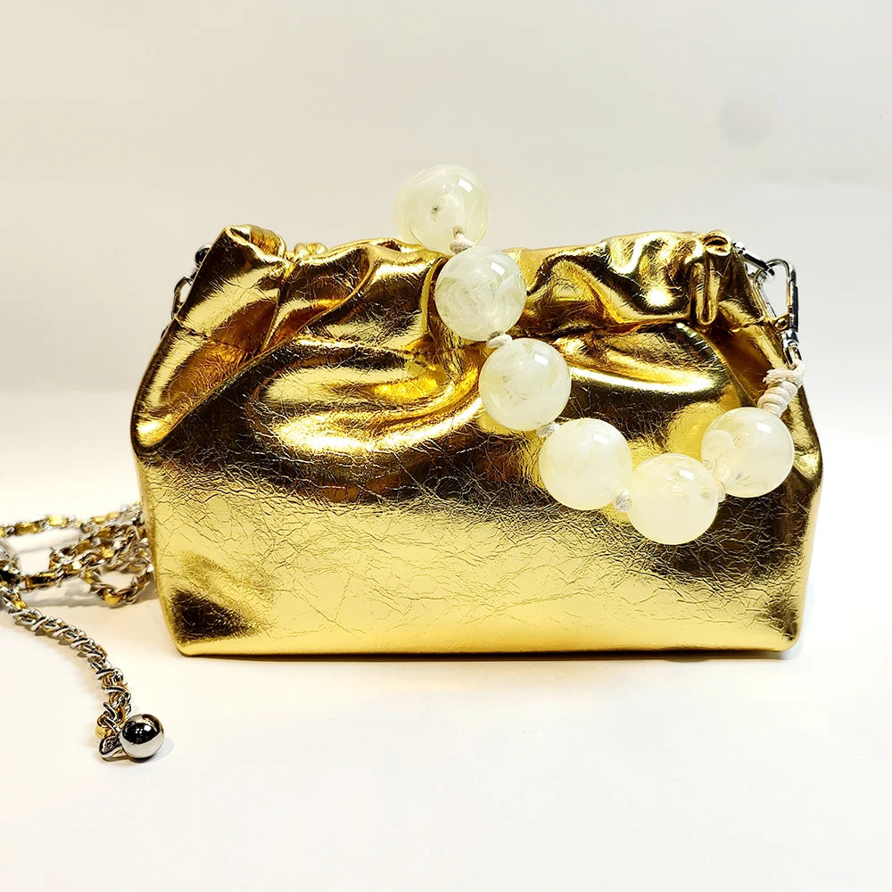 Crossbody Bag Oil Waxed Cowhide Leather with Pearl Handle & Chain Strap