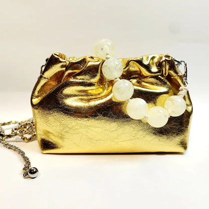 Crossbody Bag Oil Waxed Cowhide Leather with Pearl Handle & Chain Strap
