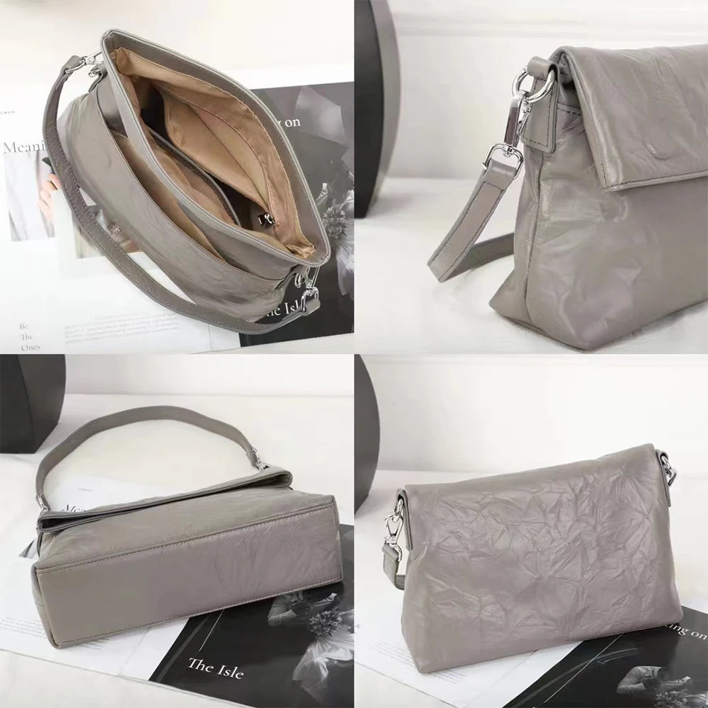 Genuine Leather Fold-Over Shoulder Bag – Vintage Cowhide Clutch