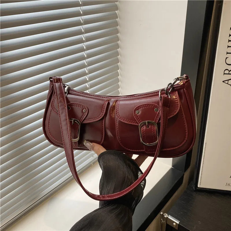 Women's Retro Leather Shoulder Bag with Buckle Detail
