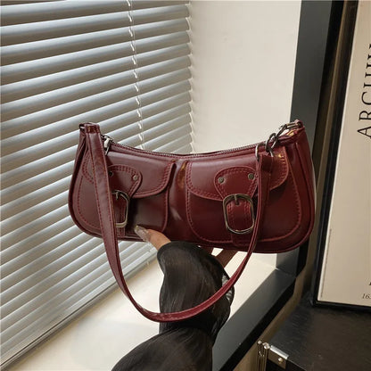 Women's Retro Leather Shoulder Bag with Buckle Detail