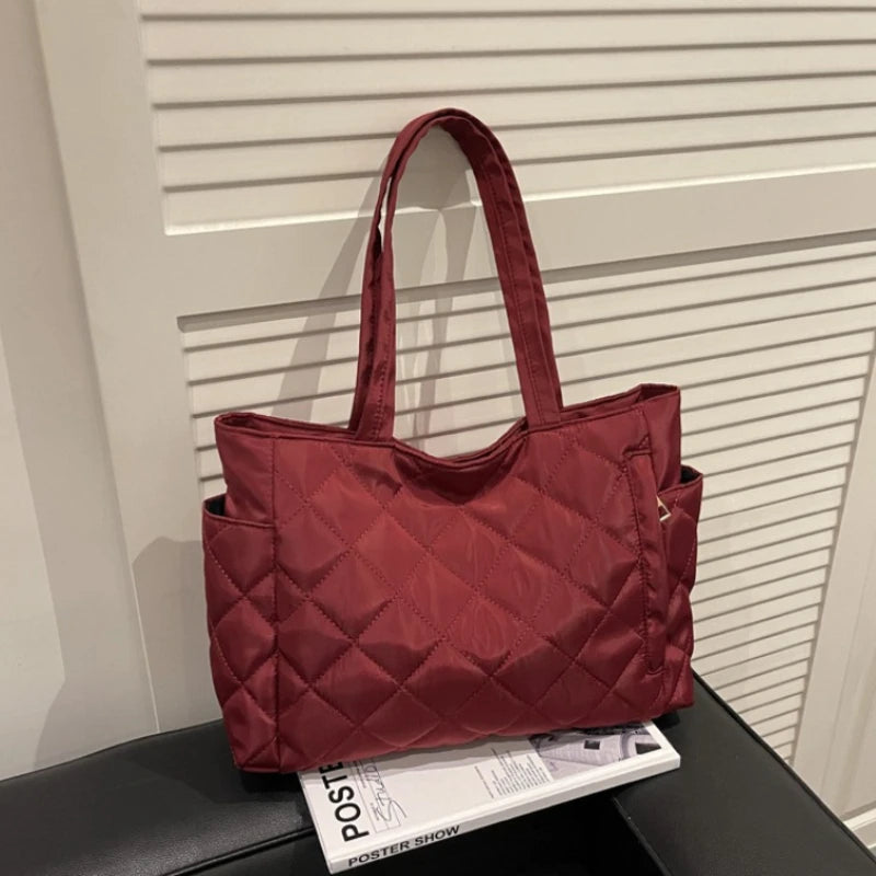 Autumn Winter Top Handle Bag Women Large Capacity Lightweight Commuting Tote Quilted Simple Texture