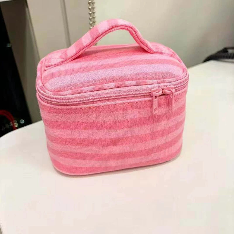 Makeup Bag with Mirror – Korean Striped Cosmetic Pouch