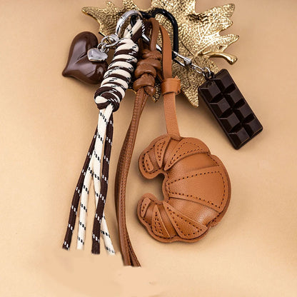 Leather Croissant Keychain with Braided Rope & Charms