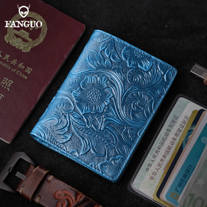 Handmade Floral Embossed Leather Card Wallet & Coin Pouch