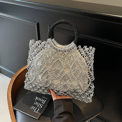Woven Hollow Handbag – Luxury Metallic Mesh Top Handle Bag