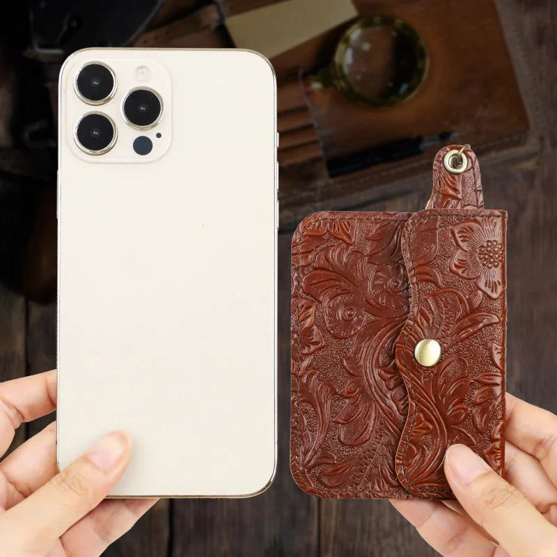 Genuine Leather Coin Purse & Card Holder Wallet with Keyring – Floral Embossed