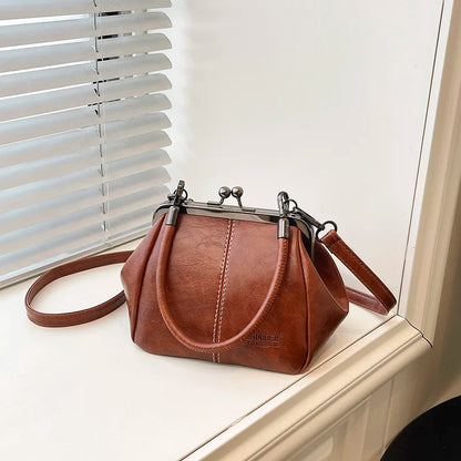 Moods Retro Style Top-Handle Bags Women Kiss Lock Pure Color Pu Leather Shoulder Crossbody Bag