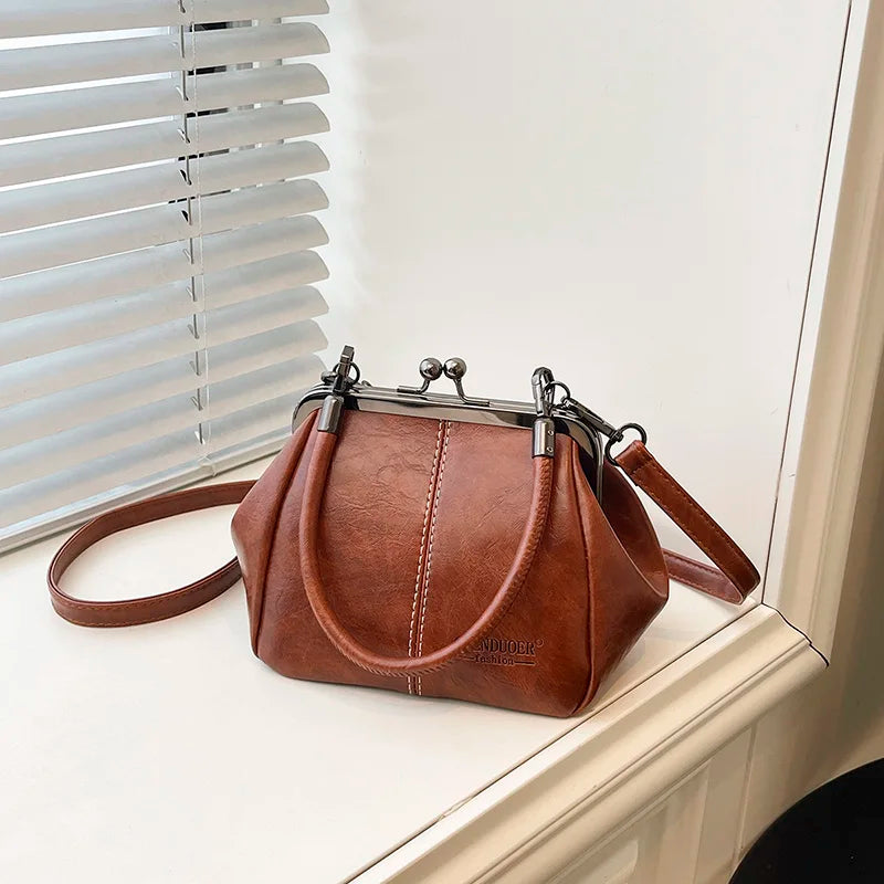 Moods Retro Style Top-Handle Bags Women Kiss Lock Pure Color Pu Leather Shoulder Crossbody Bag