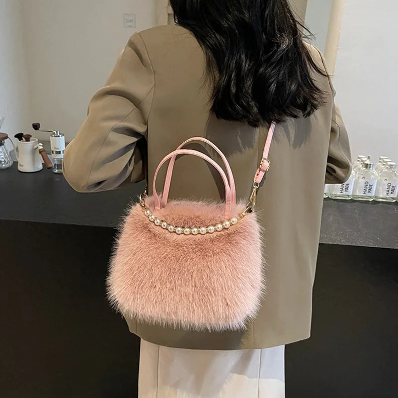 Fluffy Plush Crossbody Bag with Pearl Chain Handle
