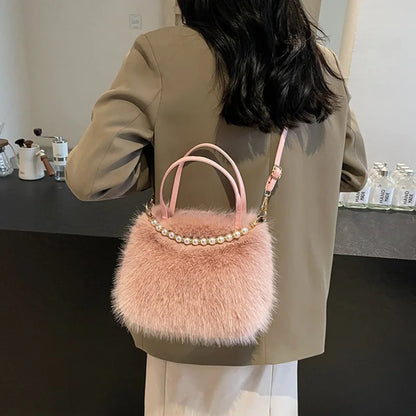 Fluffy Plush Crossbody Bag with Pearl Chain Handle