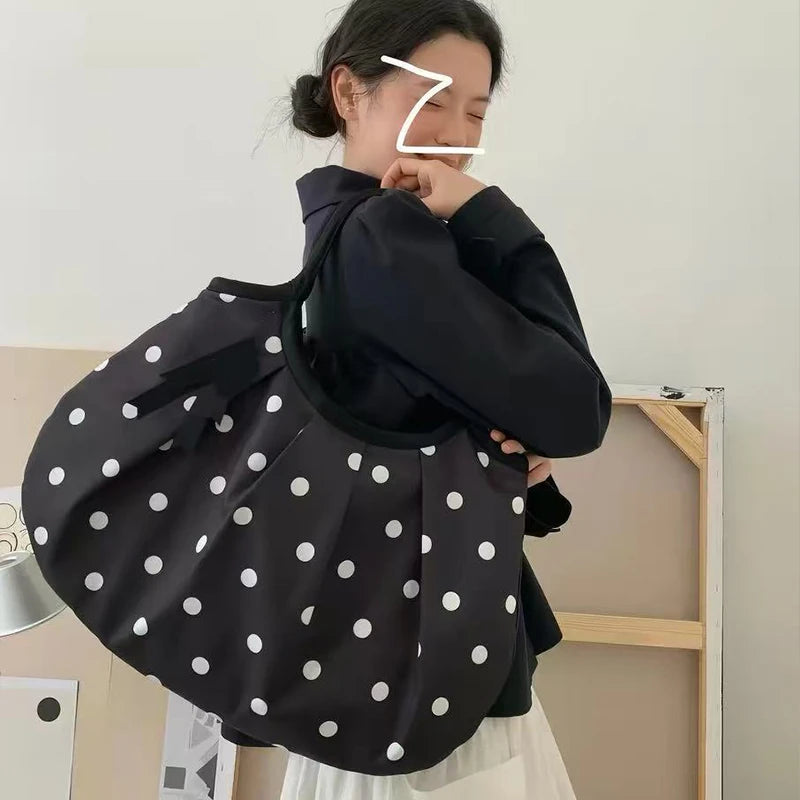 Minimalist Polka Dot Canvas Tote Bag Large Capacity Curved Underarm Shoulder Women Soft Lightweight