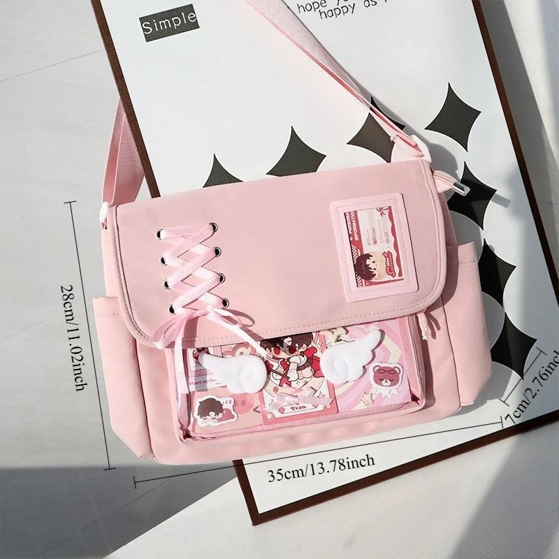 Canvas Crossbody Bag Kawaii Lace-Up Flap Shoulder Bag with Card Display