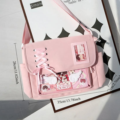 Canvas Crossbody Bag Kawaii Lace-Up Flap Shoulder Bag with Card Display