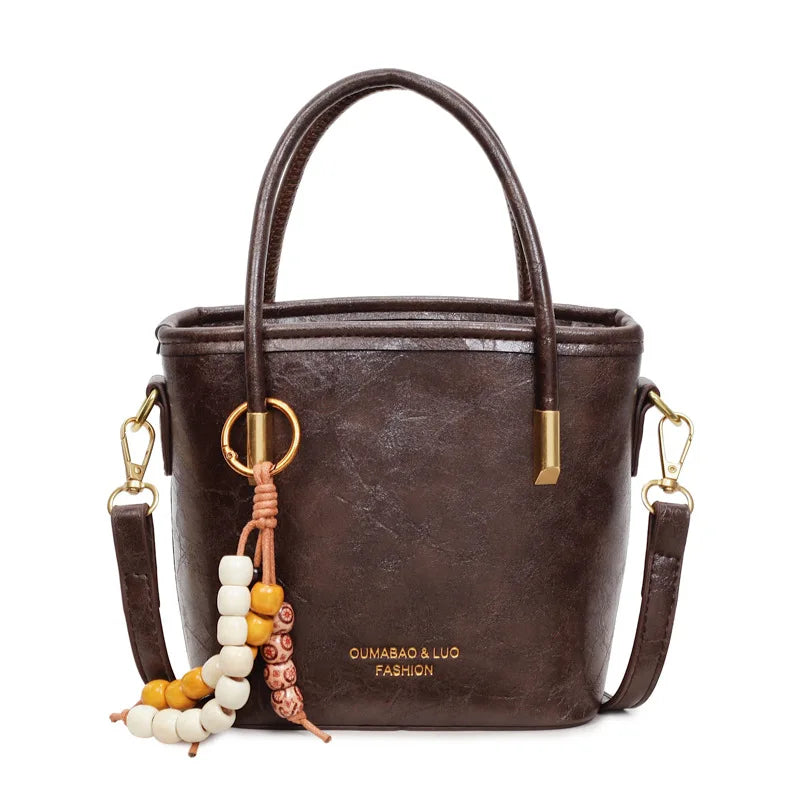 Leather Bucket Bag – Women's Crossbody Handbag with Bead Charm