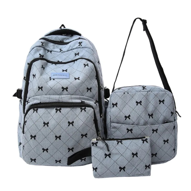 Bow Print Backpack Set – Large Capacity 3-Piece Women's Bag