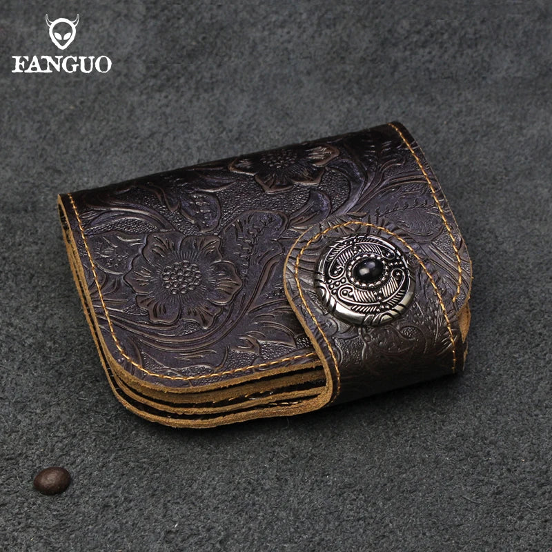 Genuine Leather Men's Short Wallet – Floral Embossed Bifold with Coin Purse