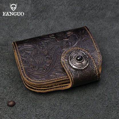 Genuine Leather Men's Short Wallet – Floral Embossed Bifold with Coin Purse