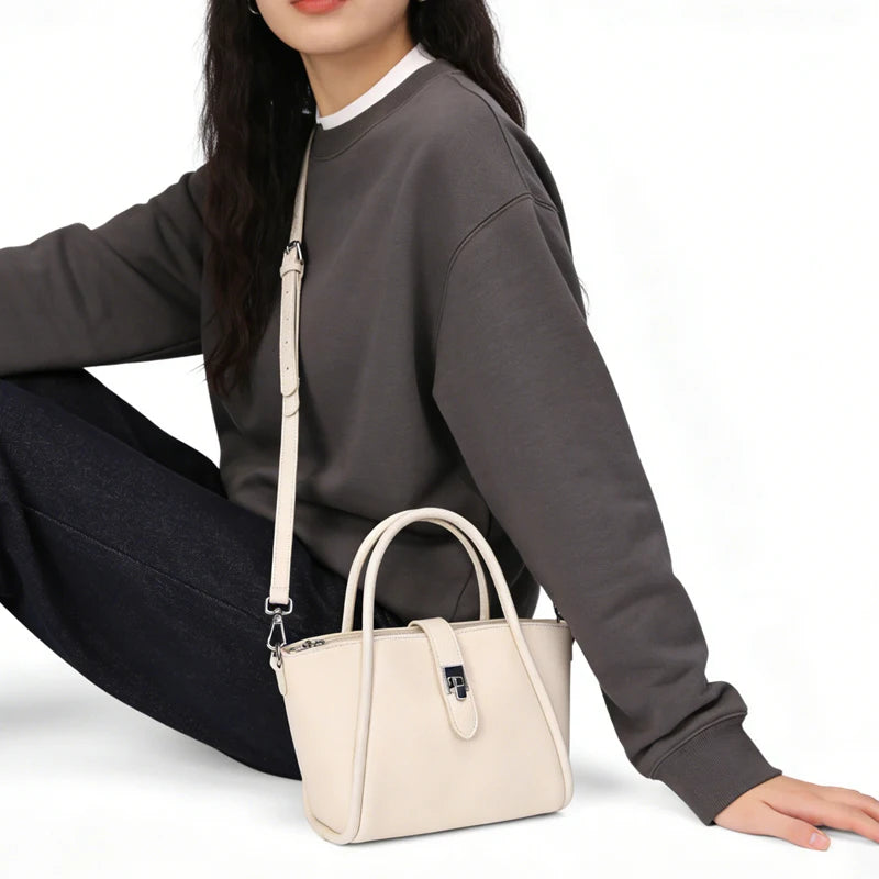 Genuine Leather Mini Tote Bag for Women – Cowhide Shoulder Handbag with Lock Closure