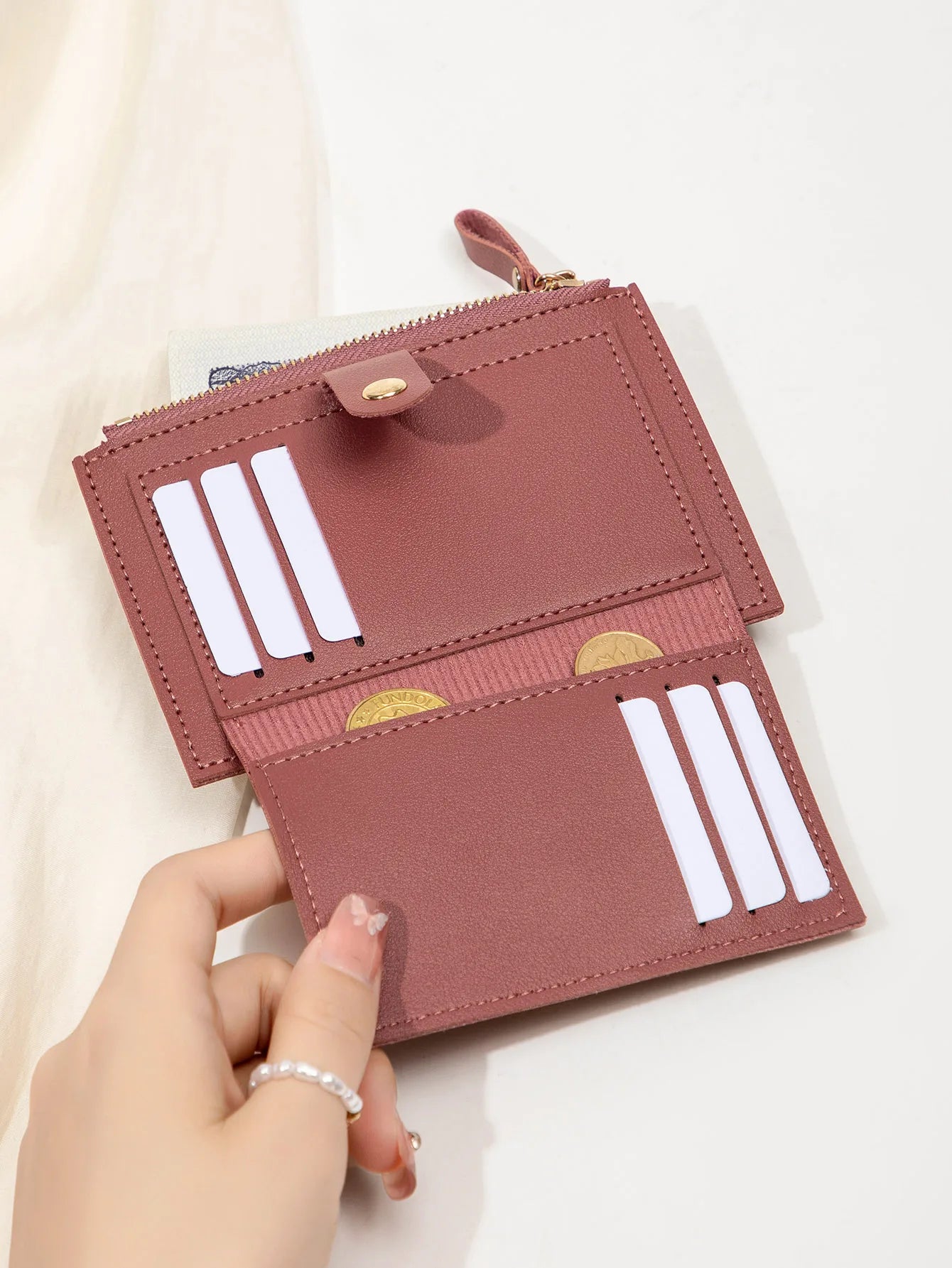 Slim Bifold Card Wallet for Women with Zipper