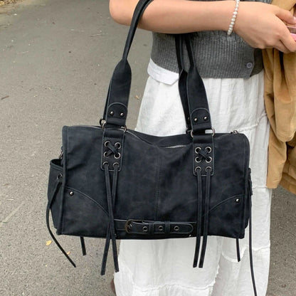 Retro Motorcycle Shoulder Bag for Women – Tassel Tote