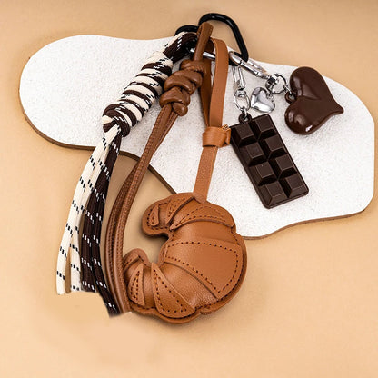 Leather Croissant Keychain with Braided Rope & Charms