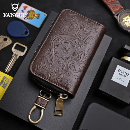 Genuine Leather Key Wallet – Floral Embossed Zipper Pouch with Card & Coin Slots