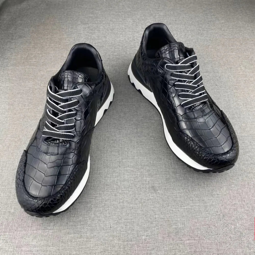 Crocodile Leather Men's Soft-Sole Sneakers – Genuine Lace-Up Flat Casual Shoes