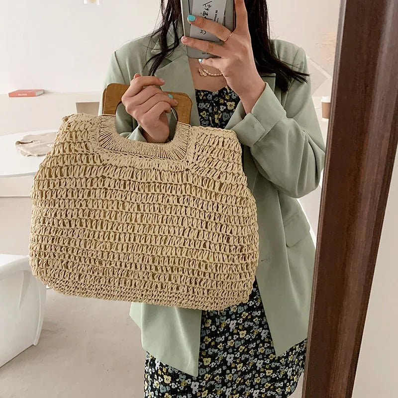 Woven Straw Tote Bag – Wooden Handle Beach & Travel Handbag