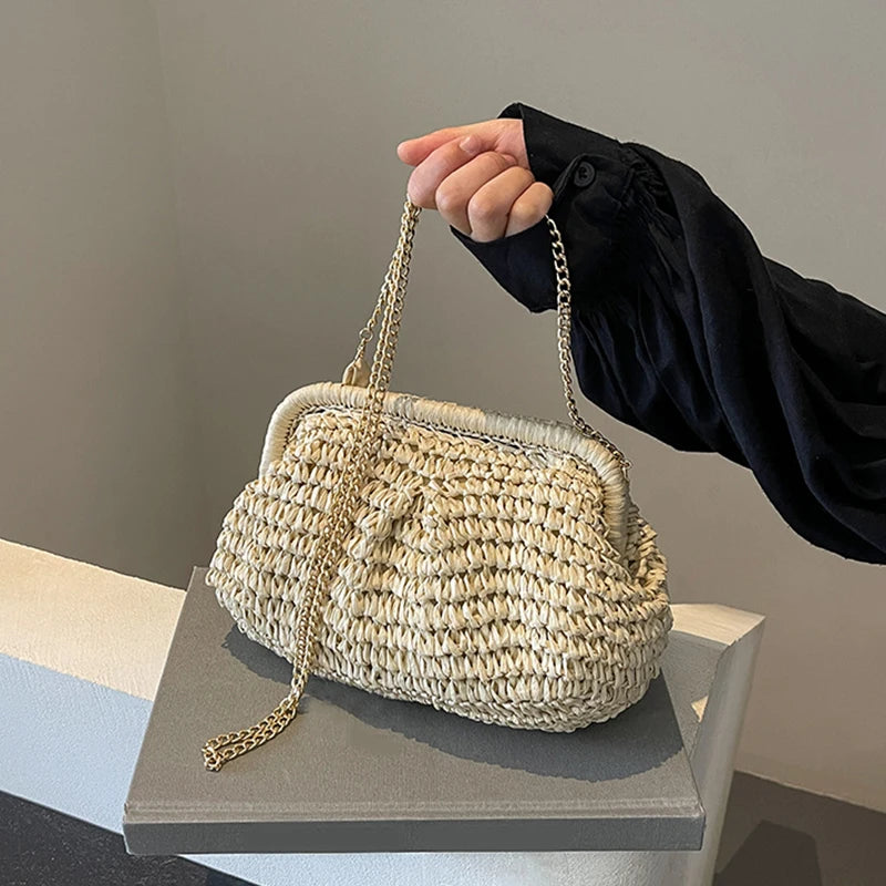 Straw Woven Cloud Bag – Gold Chain Shoulder Purse for Women