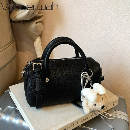 Women's Leather Top Handle Bag – Crossbody Shoulder Purse with Pendant