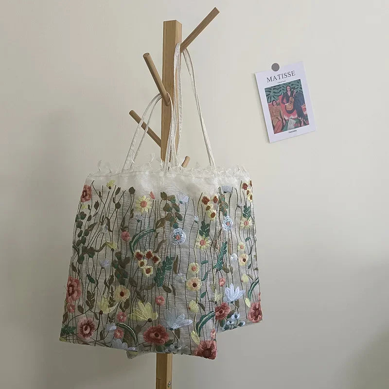 Floral Embroidery Mesh Tote Bag – Clear Shoulder Handbag